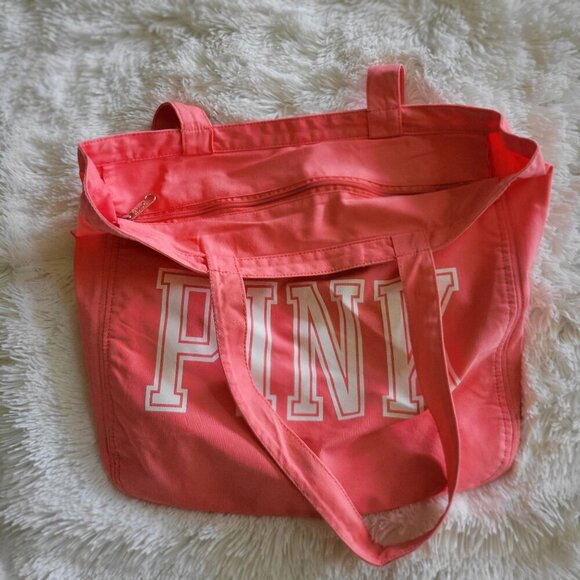 Victoria's Secret Pink Coral Canvas Zipper Tote Dual Handles - Picture 4 of 6
